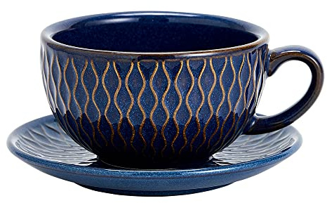 Coffeezone Vintage Design 12 oz Ceramic Latte Art Cappuccino Barista Cup with Saucer (Embossed Blue)