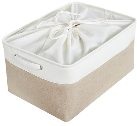 Mangata Jumbo Canvas Storage Box Fabric Storage Basket with Handles & drawstring for Cupboards, Shelves, Clothes, Toys (Extra Large, Foldable, Light Khaki White)
