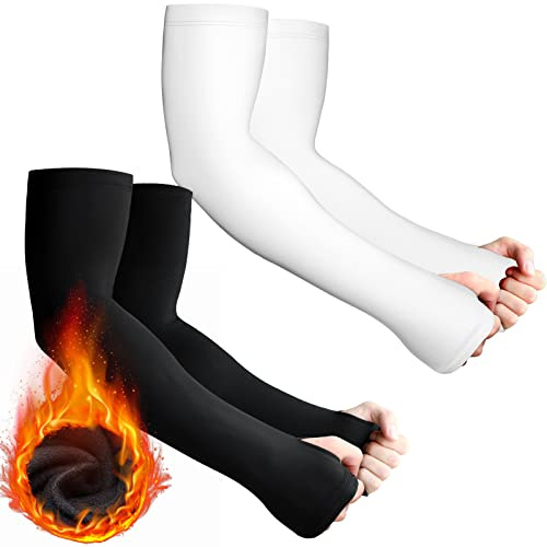 Skylety 2 Pairs Arm Sleeves Warmer Cycling Thermal Warmer Sleeves Arm Winter Cover with Thumb Holes for Men Women(Small,Black, White)