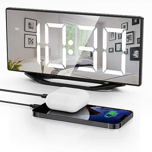 Digital Alarm Clocks for Bedrooms，8.7 LED Mirror Electronic Clocks with 2 USB Charger Ports,7 Levels Brightness & Alarm Volume,Dual Alarms,Snooze,12/24H,Modern Desk Clock for Bedside Home Office