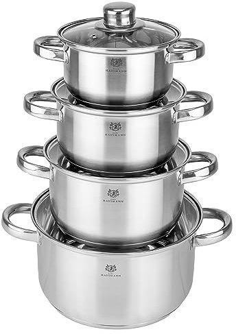 KARL HAUSMANN Topfset Induktion Edelstahl 4-Teilig - Kochtöpfe für Alle Herdarten - Kochtopf Set mit Glasdeckel - Töpfe mit Messskala - Topf Set - Kochtopfset - Elektroherd - Topfsets