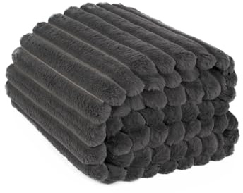 OHS Throws for Sofa Charcoal Grey, Faux Fur Rib Thick Blanket Throw for Winter Ultra Soft Cosy Warm Sofa Throw Blanket for Bedroom Living Room, 125x150cm