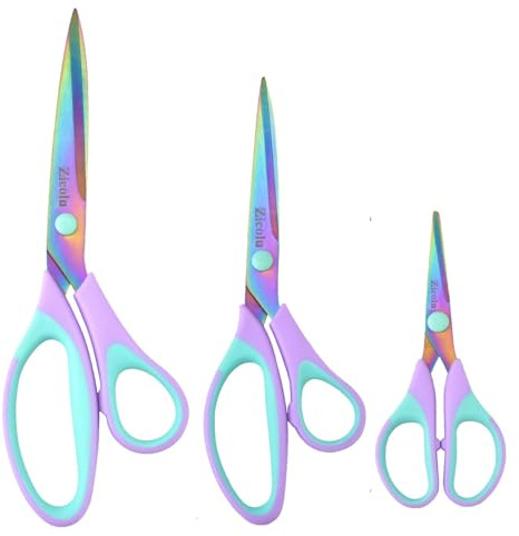 Zicolu Craft Scissors Set of 3 pack, Sharp Rainbow Titanium Coating All Purpose Scissors, Ergonomic Semi-Soft Rubber Grip, Suitable for School, Office and Household Use, 9.2''/8.5''/5.6