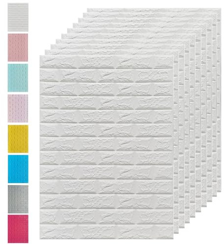 HAILM 3D Wandpaneele, Foam Brick Selbstklebender Schaum, 70x100cm, Abnehmbar und Wasserdicht, 3D Brick Wallpaper Geriffelte Strukturierte Platte,(10 Stück/7 Sqm),Weiß