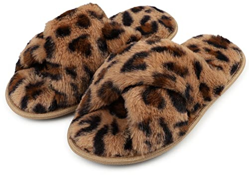 riemot Fluffy Slippers for Women, Open Toe Faux Fur Cross Band House Slippers, Soft Cosy Ladies Slippers with Textured TPR Sole for Bedroom and Home, Leopard UK 7/8