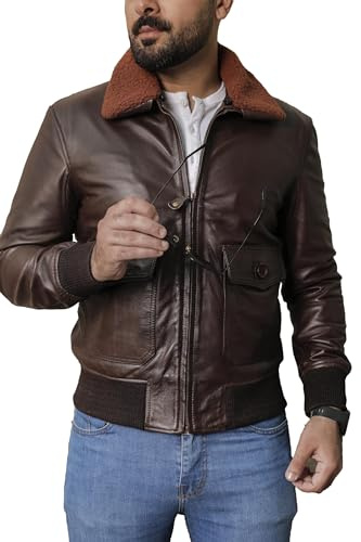 SHOP OF JACKETS LIMITED Chaqueta aviador marrón de cuero real para hombre, chaqueta de piloto azul marino, marrón, XL