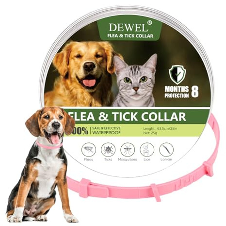 DEWEL Collar Antiparasitarios para Perros Grandes Medianos y Pequeño, Collar contra Pulgas y Garrapatas para Mascotas 6-8 Meses, Collar Antipulgas Impermeable y Cortable de 61 cm (Rosa)