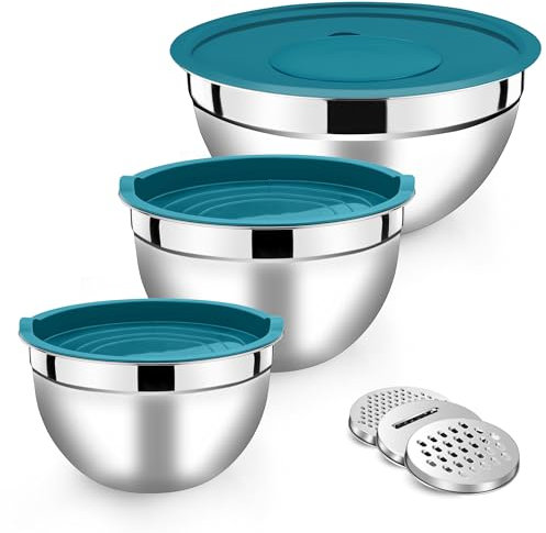 Herogo Mixing Bowl with Airtight Lids, Stainless Steel Salad Bowl Set of 3, Kitchen Metal Nesting Set with 3 Grater Attachments for Baking/Cooking, Space-Saving & Easy Storage, Dishwasher Safe