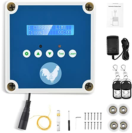 Helangel Puerta automática para Pollos, 220 V o batería AA Puerta de gallinero automática con Mando a Distancia y Temporizador y Sensor de luz para una cría Segura de Pollos