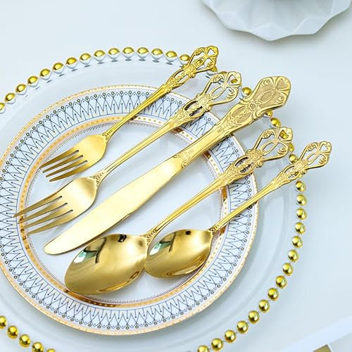 Set di posate in argento, 5/20/30/40/50/60 pezzi, set di stoviglie retrò Palace in acciaio inossidabile goffrato, coltello da bistecca, forchetta, cucchiaio, forchetta da dessert.Gold-40 Pieces for 8
