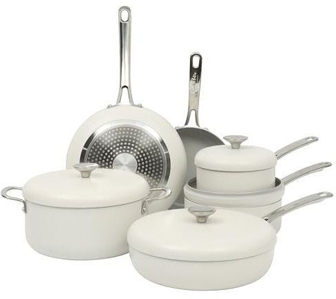 Sur La Table Kitchen Essentials Potluck Porch 10 Piece PFA Free Ceramic Non stick Interior Forged Aluminum Cookware Pots and Pans Set W/Aluminum Lids - Linen White - Induction Compatible