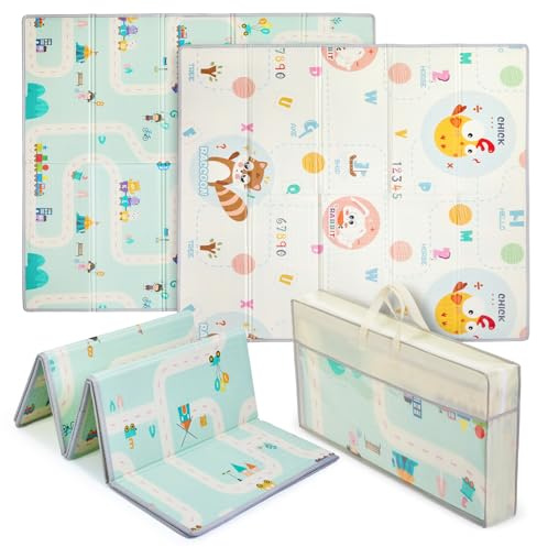 Baby Play Mat, 180×150 cm, Foldable Kids Playmat, Baby Crawling Mat for Toddlers & Infants, Waterproof Reversible Foam Mat, Large Anti- Slip Playpenmat(180 * 150 cm, Rabbit & Rail)