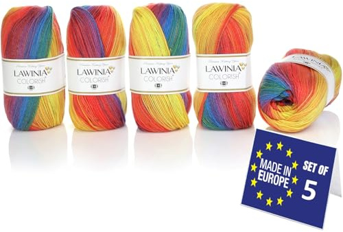 LAWINIA COLORISH Lyxigt regnbågsgarn DK, regnbågsull för stickning, förpackning med 5 vardera 100 g - 350 m 100 % akryl DK stickgarn, flerfärgad ull, ombre garn