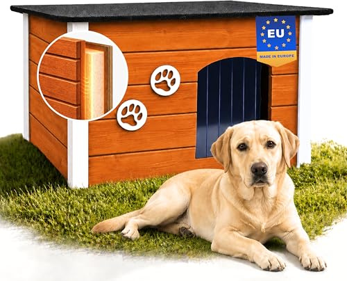 Outentin Niche pour Chien en Bois Isolée XL – Grande Maison Chien Extérieur Hiver – Refuge pour Chiens Jardin avec Toit Ouvrant – Niche Extérieure pour Grand Chiens en Bois FSC – 105 x 71 x 64 cm,Teck