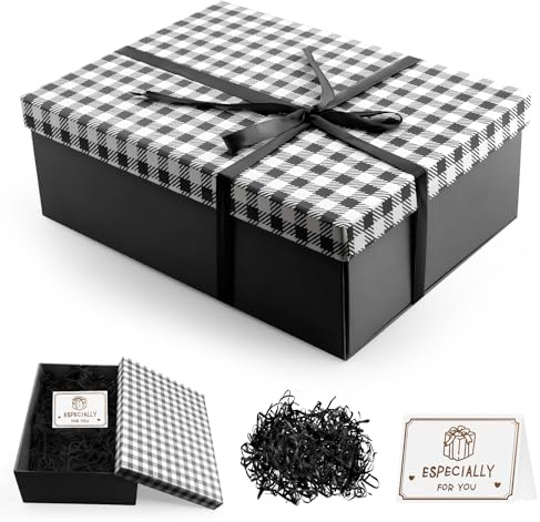 25×18×8.5cm Gift Box with Lid Ribbon Bowknot Greeting Card Shred Raffia | Elegant Gift Box for Present Birthday Wedding Valentines Day Christmas Anniversary Festival Partie (Black)