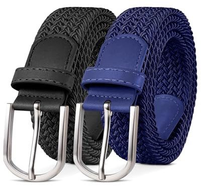 YOUCHAN Pack de 2 Cinturones Elásticos Trenzados Unisex 3.3 cm, Ajustables y Cómodos, para Hombre y Mujer Negro Azul 100 cm