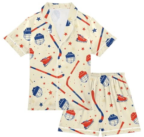 KUEJOP Kids Satin Wear Set Ice Hockey Helmet Pattern Relaxed Fit Clothing Short Sleeve and Shorts