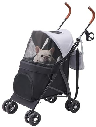TerraPede Lightweight 10 lbs Foldable Pet Stroller for Small Dogs & Cats, Easy-Fold Compact, with Adjustable Sun Canopy, Cup Holder, Breathable Mesh, Pad & Storage Bag, Holds 33 lbs, Dark Black