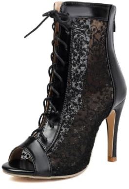 Women's Floral Lace Peep Toe Ankle Boots Patent Leather Trim Heeled Pumps Lace Up Stiletto High Heel Back Zipper Dress Booties