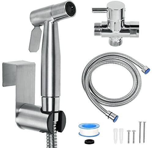 Handheld Bidet Sprayer Kit, Stainless Steel Shattaf Douche Muslim Shower Spray with Hose Bidet Holder Valve for Toilet Cleaning, Pet Bath, Personal Hygiene Includes T-Adapter