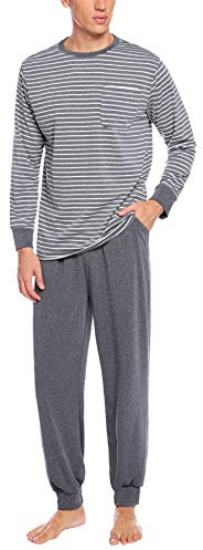 Sykooria Pyjama Hommes 100% Coton à Manches Longues Col Rond Couleur de Contraste avec Poche,Ensemble de Pyjama Hauts et Pantalons,A-gris-1,M