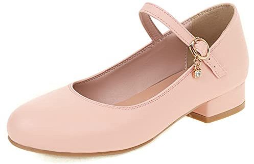 MJIASIAWA Damen Runde Zehen Mary Jane Schuhe Knöchelriemchen Comfy Niedrige Absatz Pumps Damen Buro Arbeit Runde Zehen Blockabsatz Schuhe Pink Gr 43 EU/45 Asiatisch
