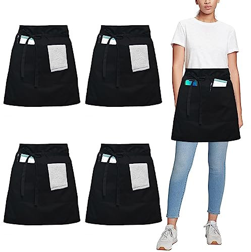 umboom 4 Pezzi Nero Grembiule Cameriere, Corto Grembiuli da Cucina con 3 Tasche per Uomo Donna Cuoco Lavoro Bistrot Ristorante Caffè Pittura Pulito Bar Giardino (Policotone - Nero)