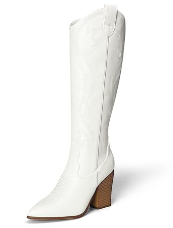 DREAM PAIRS Women's Block Heel Knee High Boots,White,7