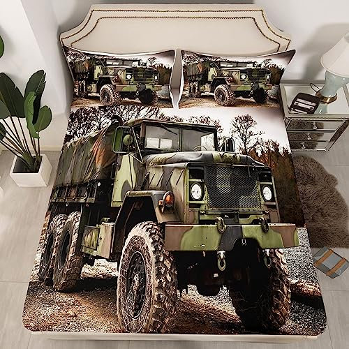 3D Tarnung Spannbettlaken 180x200cm, LKW Mikrofaser Bettlaken für Kinder Erwachsene, Bettlaken Spannbetttuch 180x200cm für Matratze bis 30 cm Höhe mit 1 x Kissenbezügen 80x80 cm