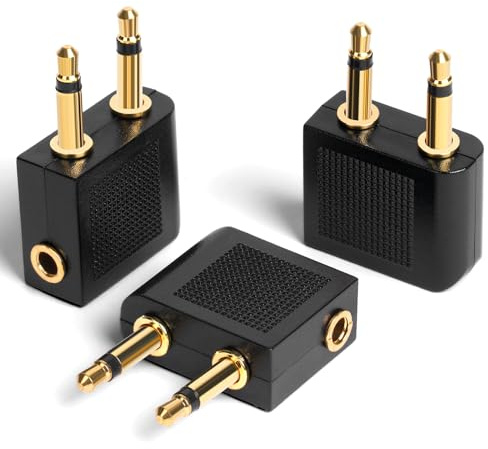 AXFEE Airplane hörlursadaptrar, 3-pack guldpläterade 3,5 mm adaptrar för hörlurar, hörlursadapter, stereo aux-uttagsadaptrar | till 3,5 mm jackuttag, Airplane Flight hörlursadapter för alla Airlines In-Flight Media-system (svart)