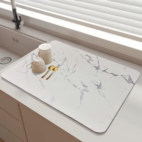 SOQKEEN Alfombrilla Escurreplatos 40x60cm, Grande, Súper Absorbente, Plegable, Antideslizante y de Secado Rápido para Fregadero, Encimera de Cocina y Cafetera (Mármol Blanco)
