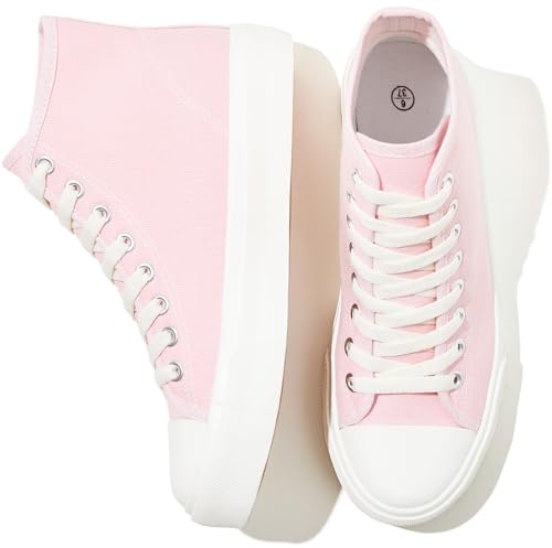 Uoidru High Top Sneakers for Women Canvas Shoes White Canvas High Tops Women Casual Shoes Lace Up Fashion Sneakers (Pink,US8)