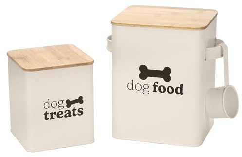 DANIEL JAMES Housewares 2 Pack Dog Food and Treats Storage Box Canister Tin with Serving Scoop, Metal Dog Food Tin, Pet Food Storage Box, Dog Treat Food Storage Bin, Scoop Included, Cream