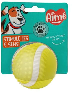 Aimé - Pelota para Perros 5 en 1 Sabor de Carne - Juguete Interactivo/Educativo para desarrollar y estimular los 5 sentidos, Resistente a Todas Las Razas y Todas Las Edades - Pelota 8 cm