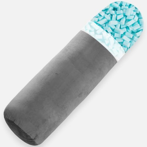 Almohada de cuerpo, almohada redonda de Memory Foam para adultos, almohada larga y firme tipo bolster para la cama, almohada cilíndrica enrollable con funda de terciopelo (Gris, 90 x 20 cm)