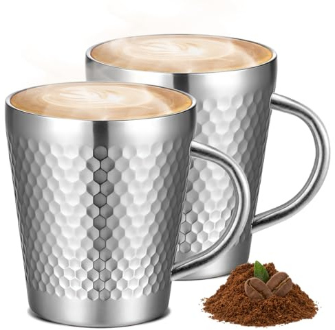 GOEDCH Taza de Acero Inoxidable de Doble Pared: 2 Tazas de Café de Acero Inoxidable con Asa, Taza de Camping de Plateada, taza Aislante de Doble Pared, Térmica para el Hogar y el Exterior