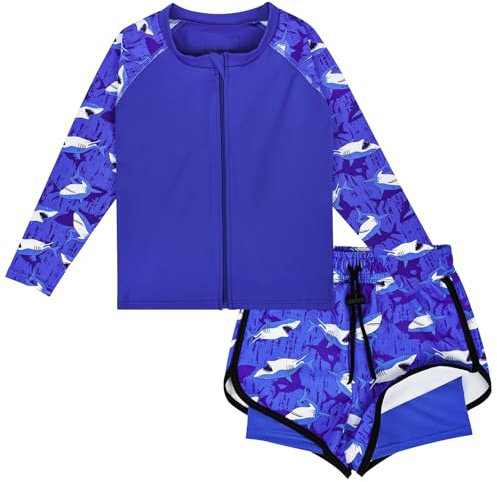 MOEMOE Baby Baddräkt för pojkar och flickor, tvådelat UV-skydd racervakt-set, badkläder med långärmad simtröja och badshorts, blå, 12-24 Månader
