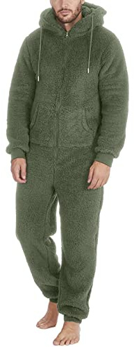 Generisch Pijama de manga larga de lana sintética para hombre, informal, monocolor, cremallera, suelto, con capucha, mono informal para invierno, cálido, 1 pieza, forro polar en ropa de dormir
