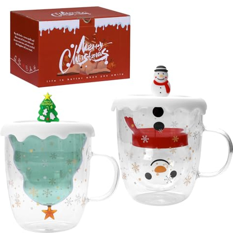 Moerstar 2 Pezzi Tazza di Natale, Tazze Natalizie di Albero Natale e Pupazzo Neve con Coperchio e Manici, Tazza Natalizia Vetro Doppia Parete per Regalo Natale Capodanno