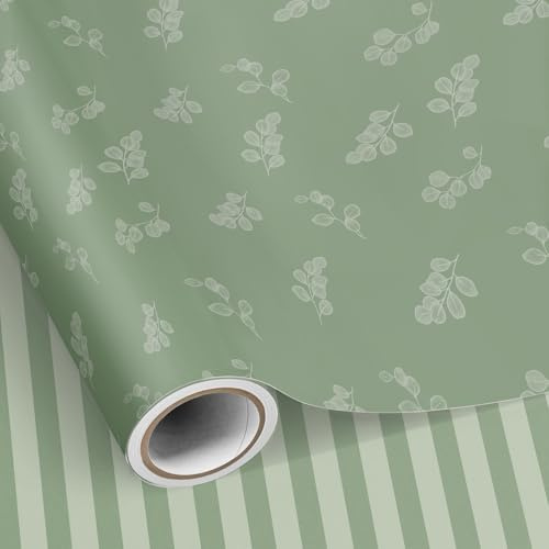 SHUCHING Carta Regalo Foglie di Eucalipto Verde - 43cm x 10m, Rotolo Carta da Regalo Strisce Verdi Salvia per Donne Madre Moglie, Compleanni Matrimonii Anniversarii Bridal shower San Valentino Festa