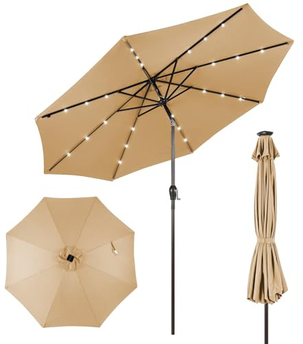 COSTWAY Ombrellone da Giardino da 300 cm, Parasole per Esterno con 24 Luci LED, con 8 Stecche in Metallo, Manovella e Inclinazione Regolabile, per Giardino, Coltile, Piscina (Beige)