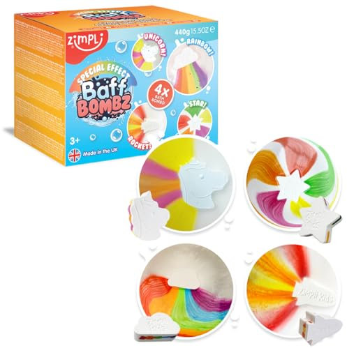 ZIMPLI - 4 x Grand Ensemble de Bombes de Bain à Effet spécial, Nuage Arc-en-Ciel, fusée, Lune et étoiles, Cadeau d'anniversaire idéal pour Les Enfant, Jouet de Bain Montessori