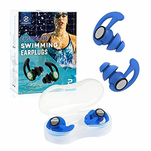 Hearprotek Ear Plugs for Swimming, 2 Pairs Reusable Custom-fit Swim Water Ear Plugs Adults for Swimmers Shower Pool Bathing Surfing Kayaking (Blue)