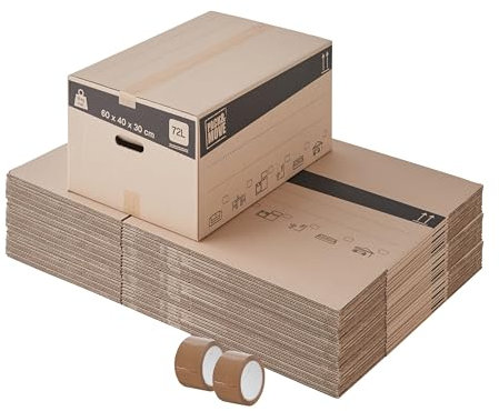 Lot de 40 cartons de déménagement avec poignées - 72L, charge max 15kg - made in France + 2 adhésifs offerts