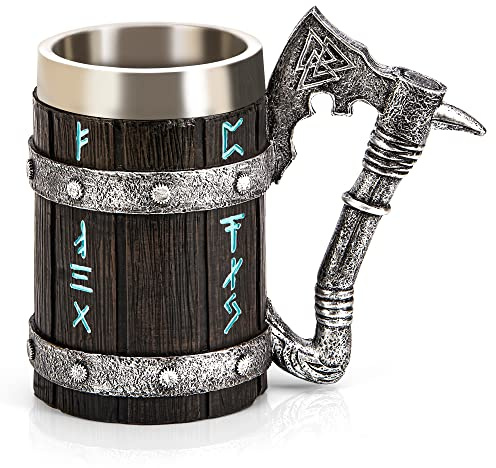 Viking Beer Mug 20oz Stainless Steel Double Wall Heavy Mug, Hand-Carved Oak with Norse Runes, Axe Handle Tankard Gifts for Men Medieval Drinking Cup, Cool Beer Stein for Home Bar Viking Decor
