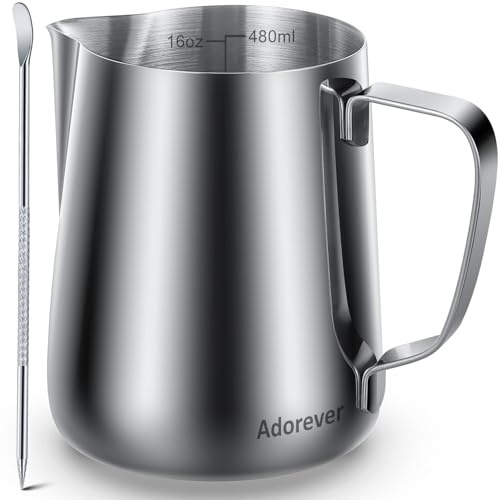 Adorever Milk Frothing Pitcher, 16oz 480ml Milk Frother Cup Stainless Steel Steaming Pitcher, Coffee Bar Cappuccino Espresso Machine Accessories Barista Tools, Steamer Cup Milk Jug with Latte Art Pen