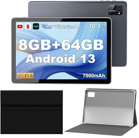 Tibuta Tablettes Android 13, tablettes Android 10 Pouces avec étui de Protection, processeur Octa-Core, caméra Frontale 5 Mpx et arrière 8 Mpx, tablettes IPS Bluetooth 7 000 mAh, Tablette Wi-FI