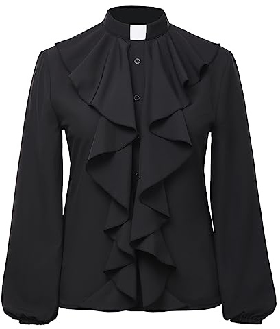 CAMDOM Womens Church Clergy Shirt Tab Collar Elastic Cuff Long Sleeve Lotus Ruffled Blouse Top Black