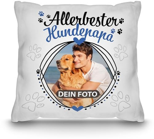 PR Print Royal Hunde-Kissen mit Foto Allerbester Hundepapa - Geschenk für Hundefreunde zum Geburtstag | Personalisiertes Geschenk, inkl. Füllung, Weiß
