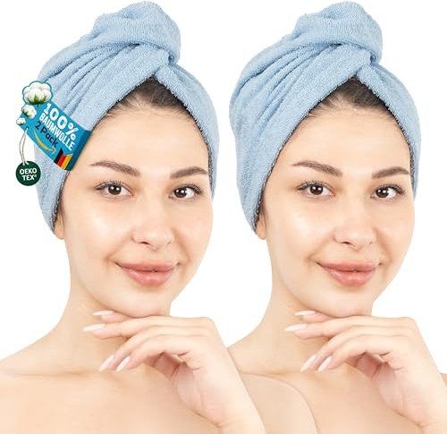 Hammetex Haartuch Damen 2er Set – Haarhandtuch aus 100% Baumwolle – Oeko-TEX Zertifiziert – Weich, Saugstark – Haarturban mit Knopf, Hellblau